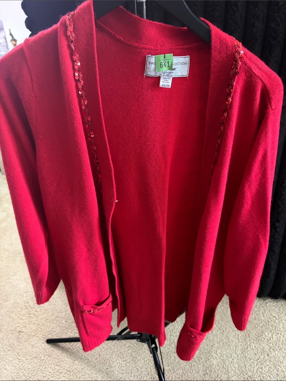 Avenue Red Open-Front Cardigan with Sequin Trim
